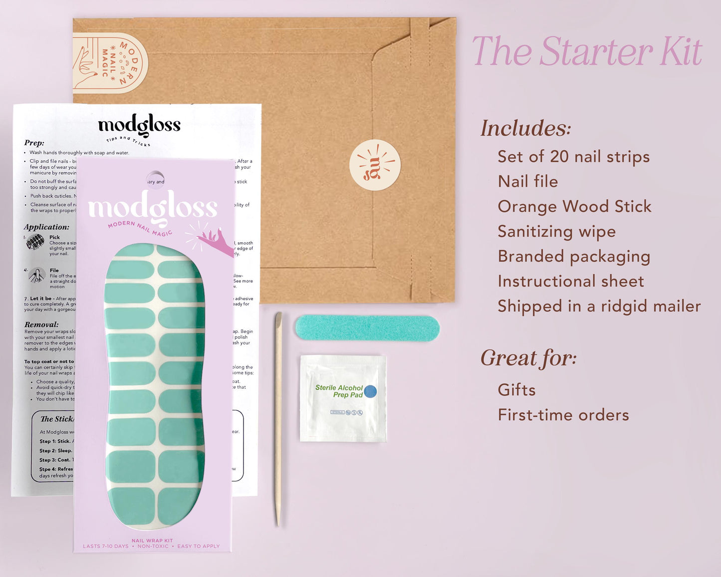 the starter kit includes nail strips, nail file, orange wood stick, sanding
