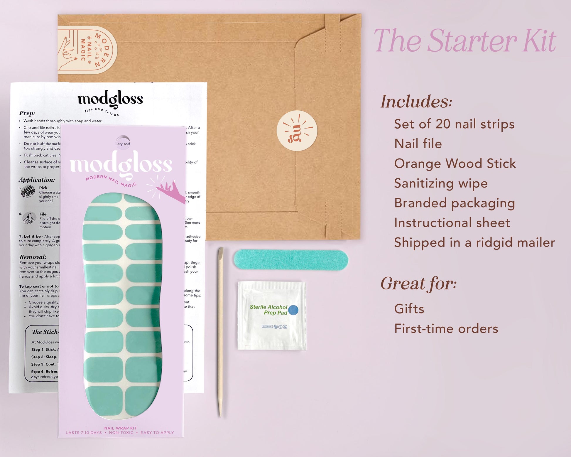 the starter kit includes nail strips, nail file, orange wood stick, sanding